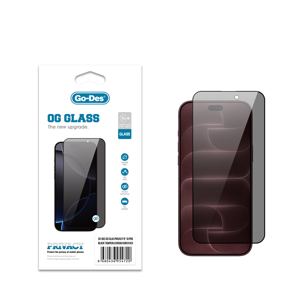 Apple iPhone 18 Pro Go Des OG Glass Privacy Antistatik Temperli Cam Ekran Koruyucu Siyah