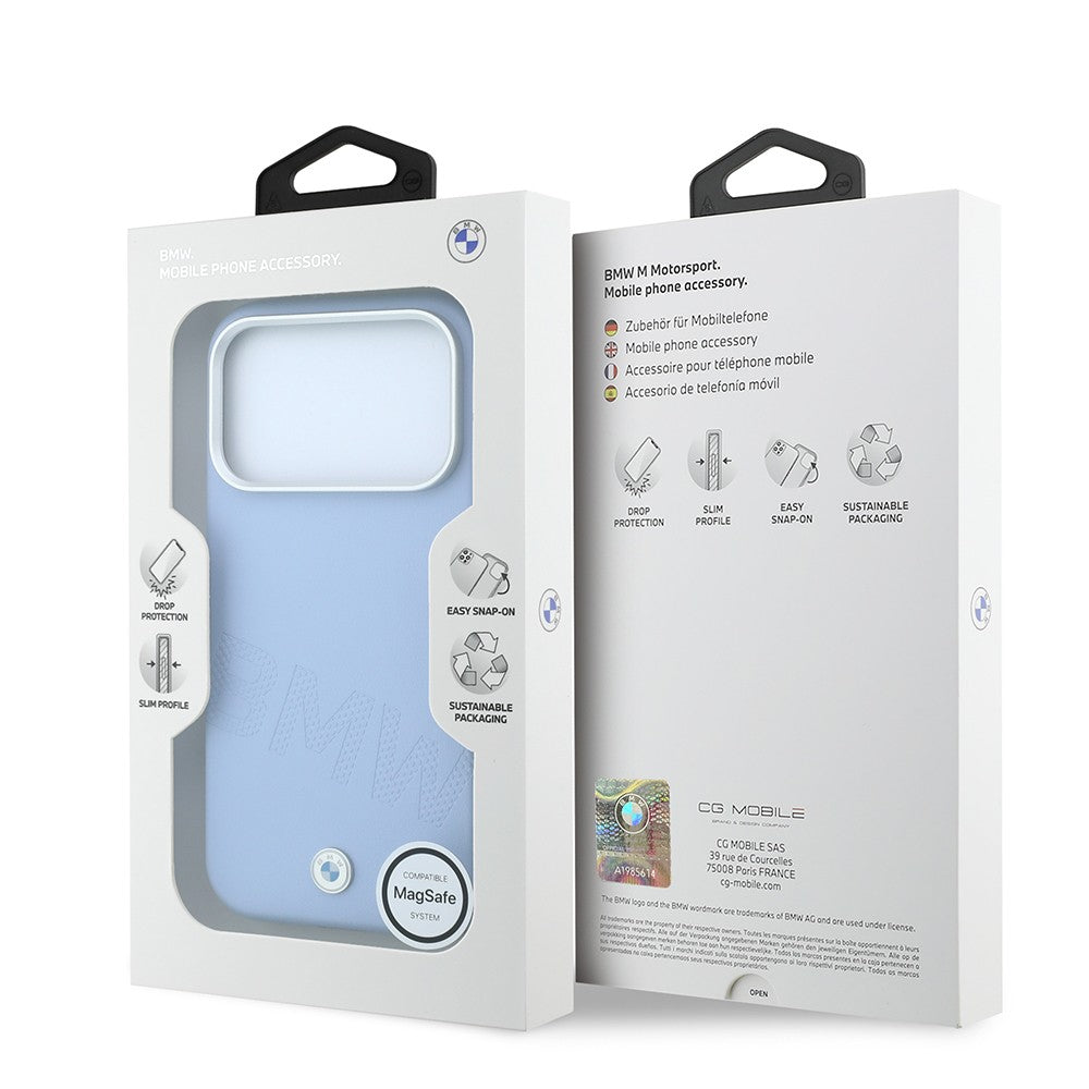Apple iPhone 18 Pro Kılıf BMW Orjinal Lisanslı M-safe Şarj Özellikli Kabartma Tasarımlı PU Metal Logolu Kapak Mavi