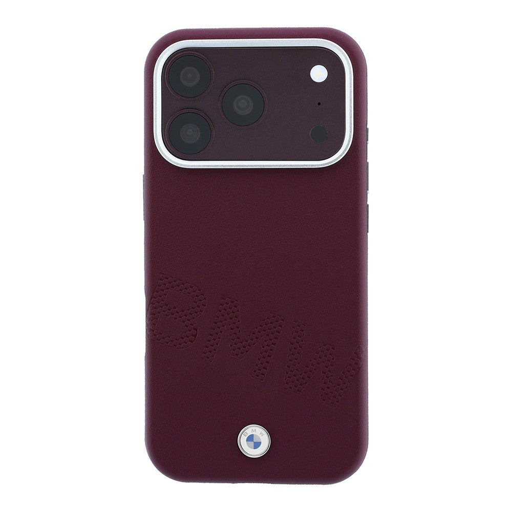 Apple iPhone 18 Pro Kılıf BMW Orjinal Lisanslı M-safe Şarj Özellikli Kabartma Tasarımlı PU Metal Logolu Kapak Bordo