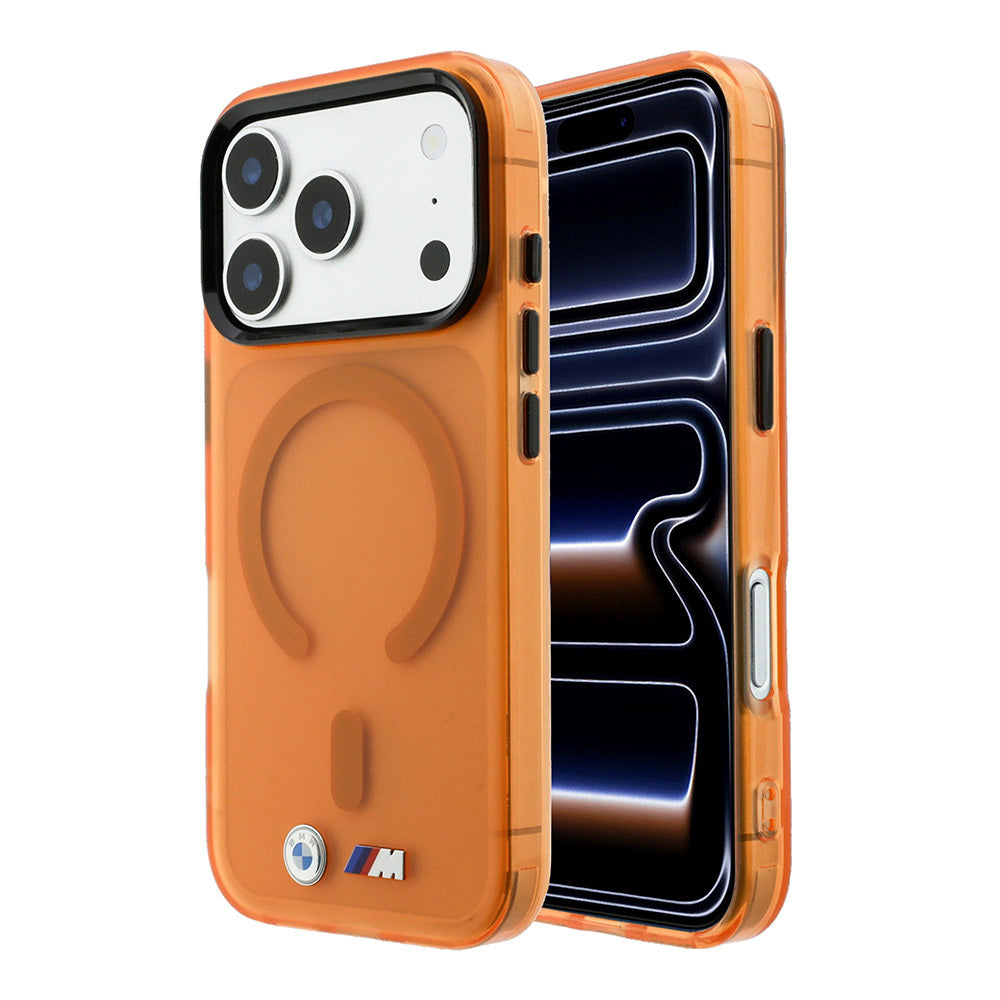 Apple iPhone 18 Pro Kılıf BMW Orjinal Lisanslı M-safe Şarj Özellikli Metal Buton Tasarımlı Buzlu IML Baskılı Kapak Turuncu