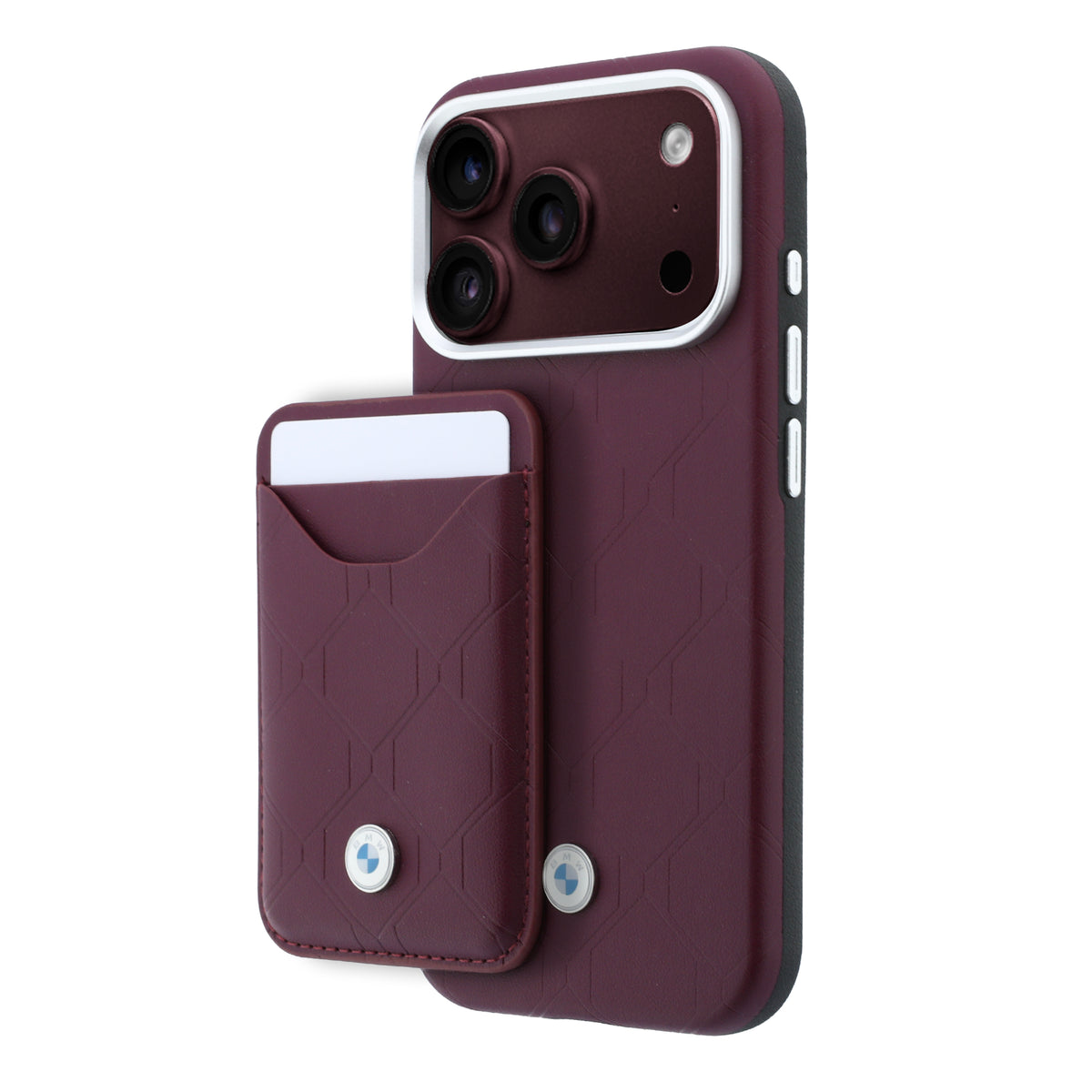 Apple iPhone 18 Pro Kılıf BMW Orjinal Lisanslı M-safe Şarj Özellikli Metal Logolu Kabartmalı Kapitone Deri Kartlıklı Kapak Bordo