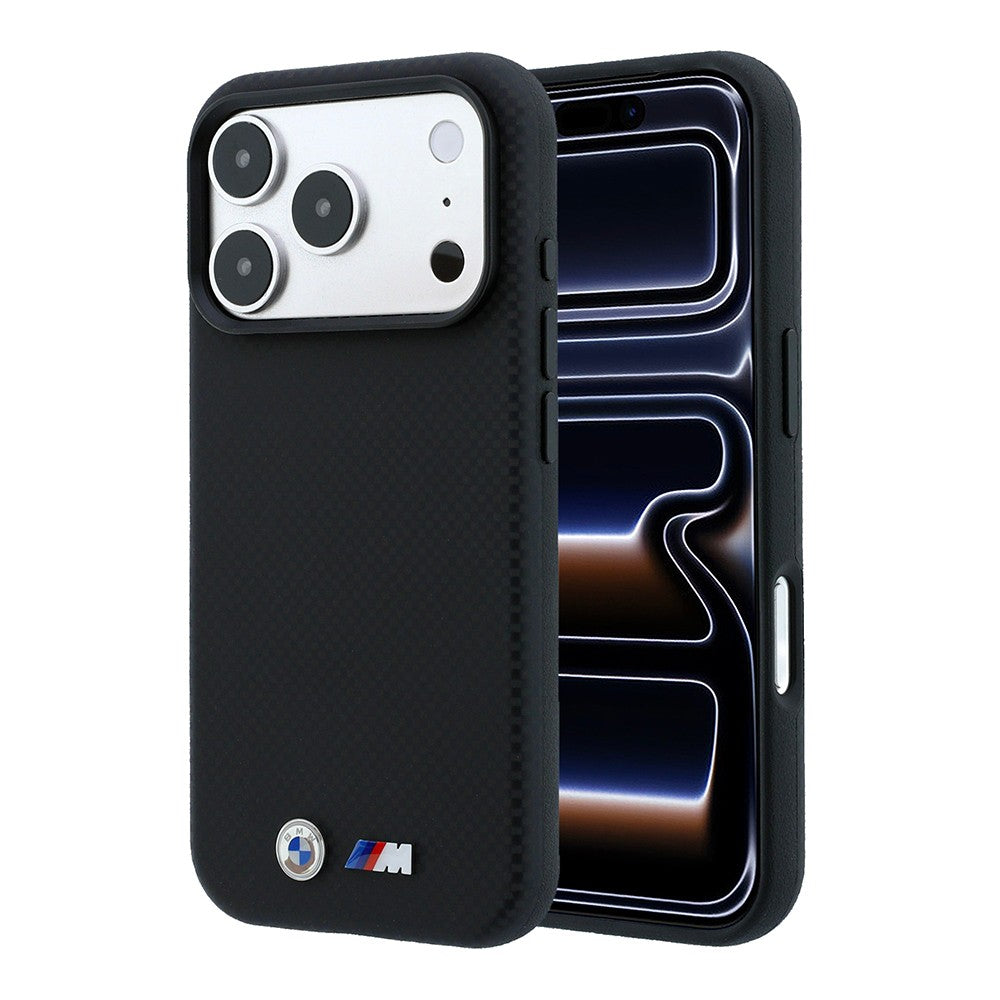 Apple iPhone 18 Pro Kılıf BMW Orjinal Lisanslı M-safe Şarj Özellikli Metal Logolu Karbon Fiber Kevlar Kapak Siyah