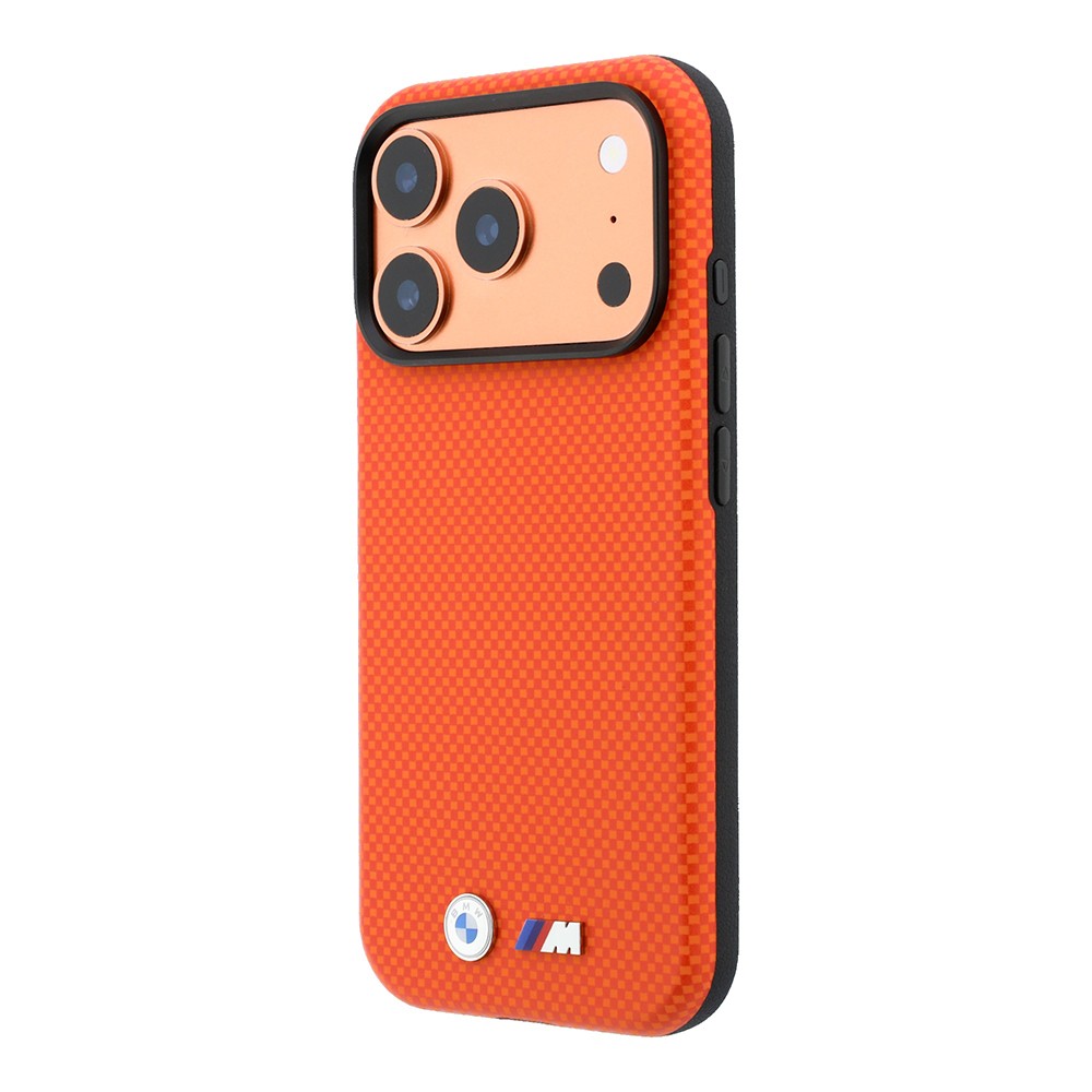 Apple iPhone 18 Pro Kılıf BMW Orjinal Lisanslı M-safe Şarj Özellikli Metal Logolu Karbon Fiber Kevlar Kapak Turuncu