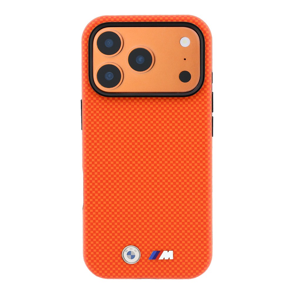 Apple iPhone 18 Pro Kılıf BMW Orjinal Lisanslı M-safe Şarj Özellikli Metal Logolu Karbon Fiber Kevlar Kapak Turuncu