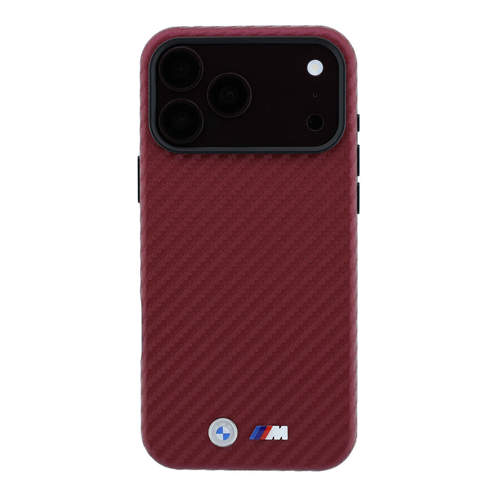 Apple iPhone 18 Pro Kılıf BMW Orjinal Lisanslı M-safe Şarj Özellikli PU Karbon Tasarımlı Metal Logolu Kapak Bordo