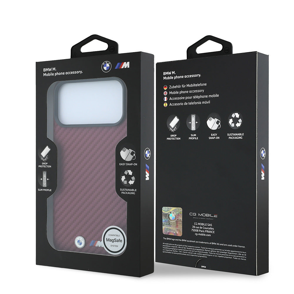 Apple iPhone 18 Pro Kılıf BMW Orjinal Lisanslı M-safe Şarj Özellikli PU Karbon Tasarımlı Metal Logolu Kapak Bordo