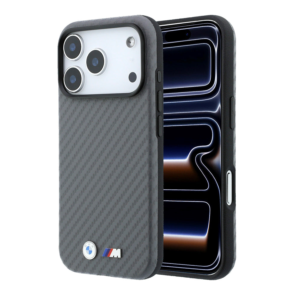 Apple iPhone 18 Pro Kılıf BMW Orjinal Lisanslı M-safe Şarj Özellikli PU Karbon Tasarımlı Metal Logolu Kapak Gri