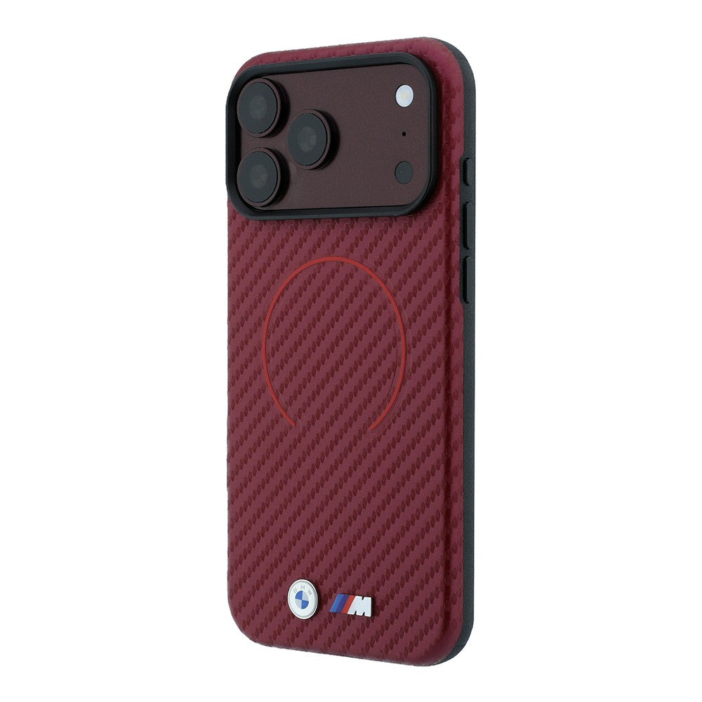Apple iPhone 18 Pro Kılıf BMW Orjinal Lisanslı M-safe Şarj Özellikli PU Metal Logolu Kırmızı Halka Tasarımlı Kapak Bordo