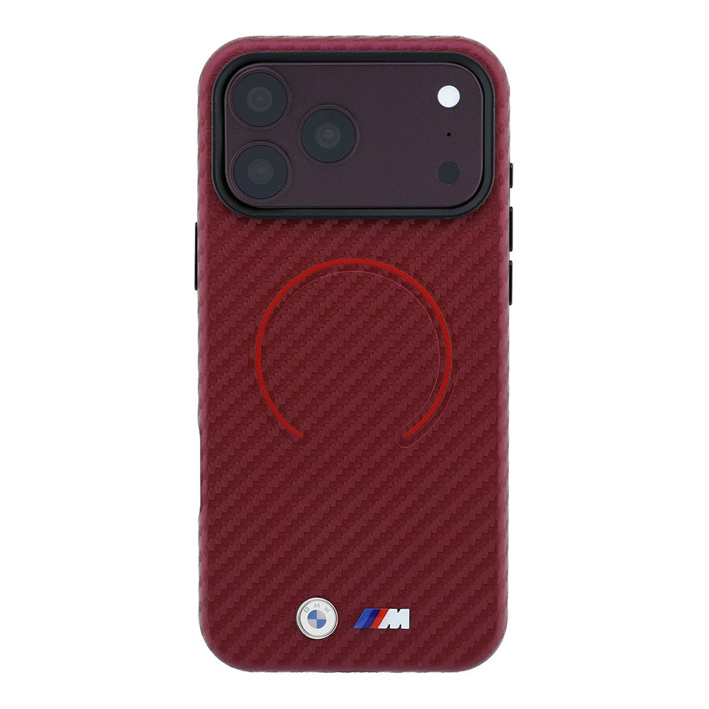 Apple iPhone 18 Pro Kılıf BMW Orjinal Lisanslı M-safe Şarj Özellikli PU Metal Logolu Kırmızı Halka Tasarımlı Kapak Bordo