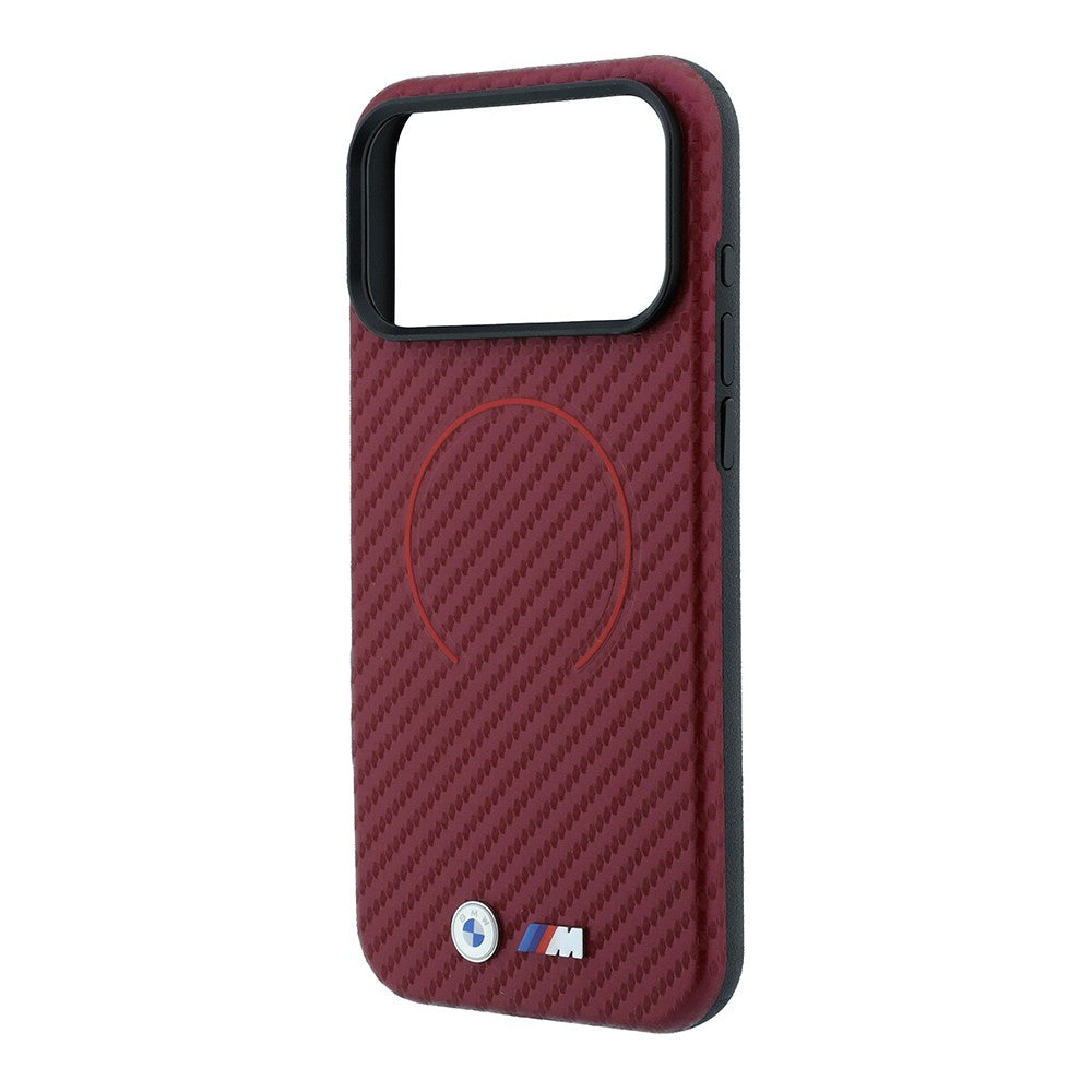 Apple iPhone 18 Pro Kılıf BMW Orjinal Lisanslı M-safe Şarj Özellikli PU Metal Logolu Kırmızı Halka Tasarımlı Kapak Bordo