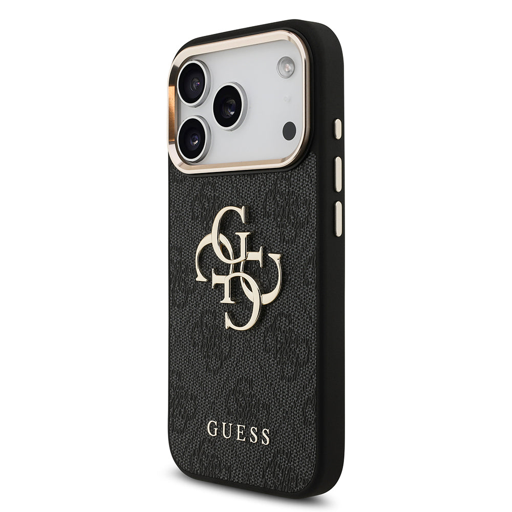 Apple iPhone 18 Pro Kılıf Guess Orjinal Lisanslı Gold Metal Kamera Çerçeveli 4G Desenli Metal Büyük 4G ve Yazı Logolu Kapak Kahverengi