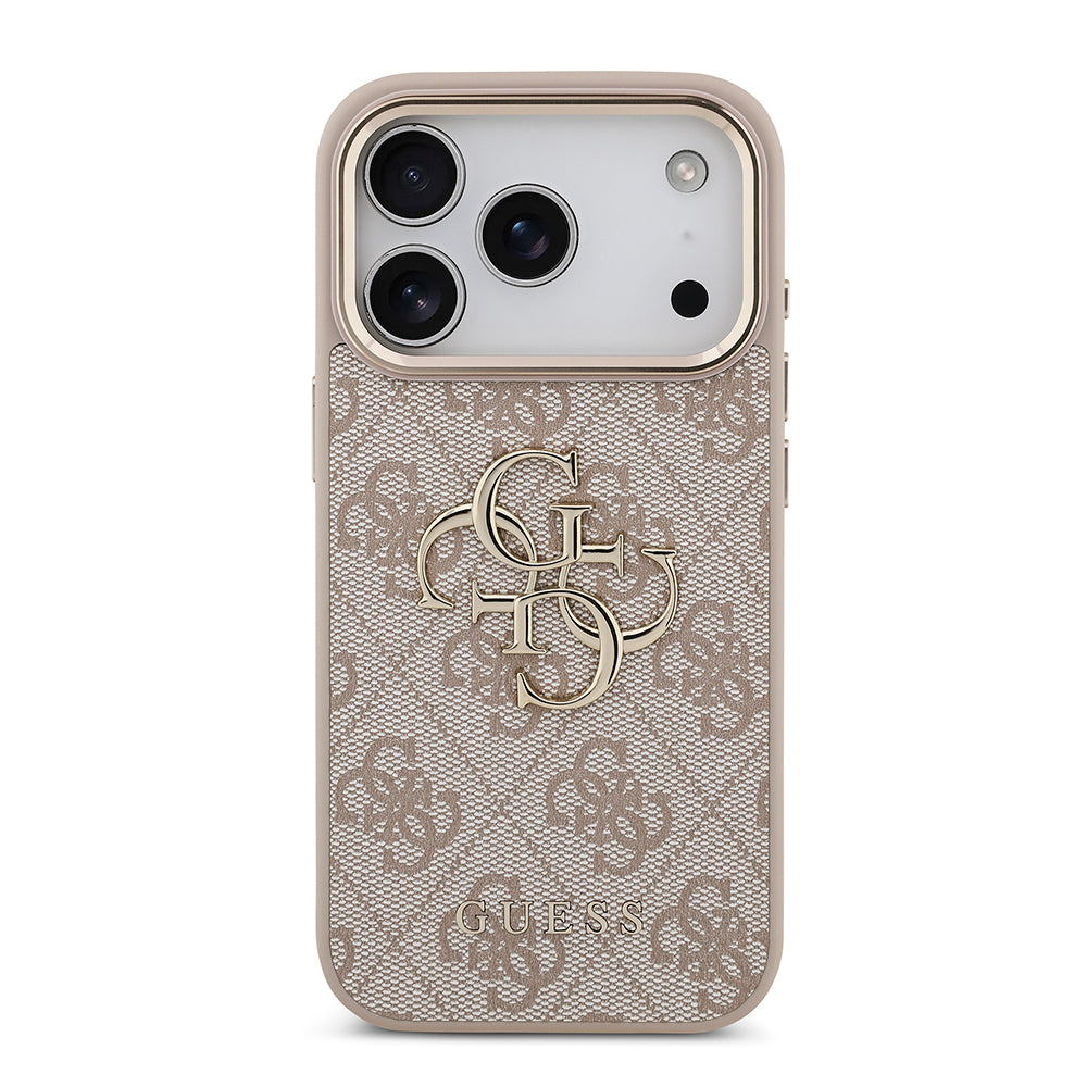 Apple iPhone 18 Pro Kılıf Guess Orjinal Lisanslı Gold Metal Kamera Çerçeveli 4G Desenli Metal Büyük 4G ve Yazı Logolu Kapak Pembe
