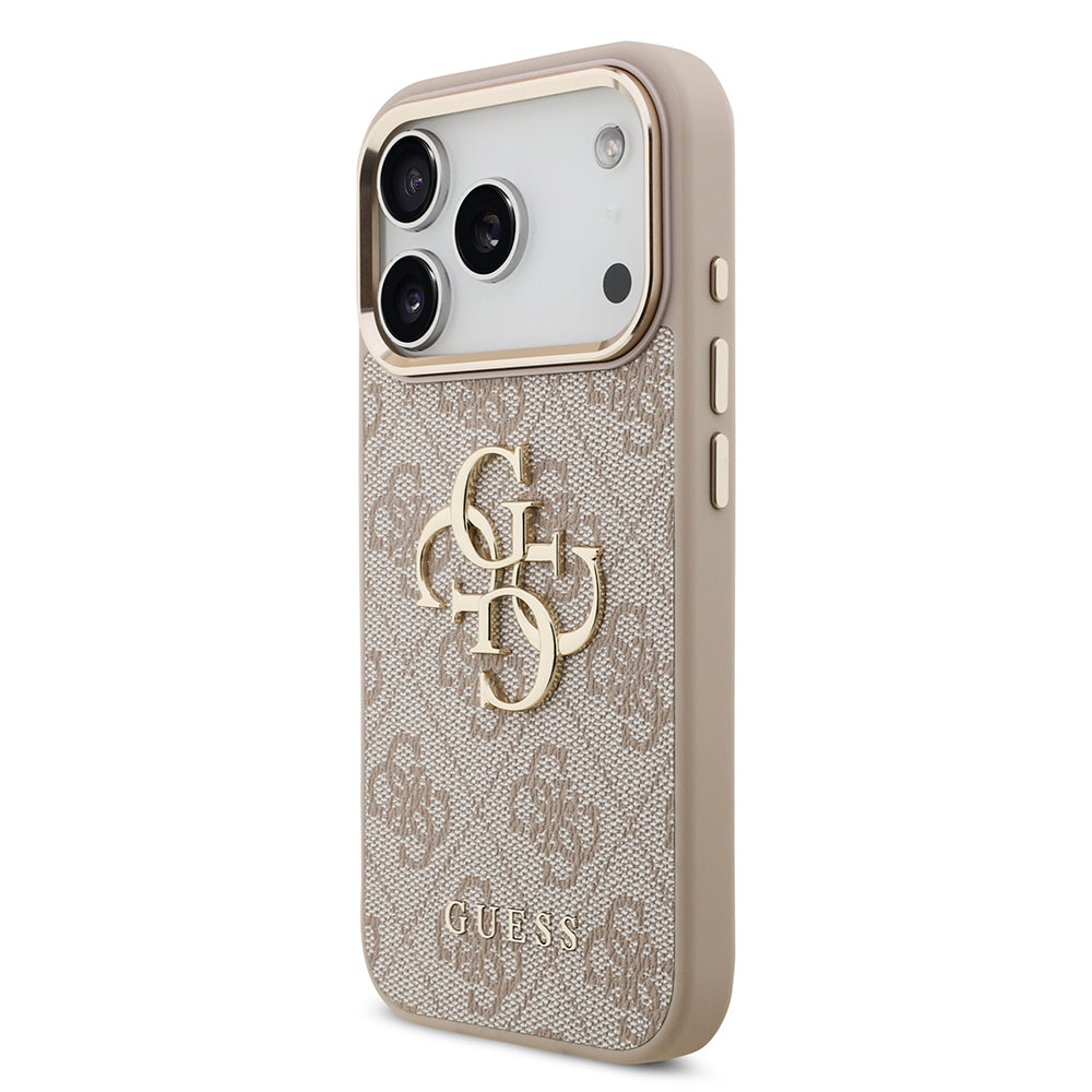 Apple iPhone 18 Pro Kılıf Guess Orjinal Lisanslı Gold Metal Kamera Çerçeveli 4G Desenli Metal Büyük 4G ve Yazı Logolu Kapak Pembe