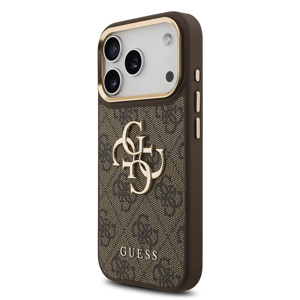 Apple iPhone 18 Pro Kılıf Guess Orjinal Lisanslı Gold Metal Kamera Çerçeveli 4G Desenli Metal Büyük 4G ve Yazı Logolu Kapak Pembe