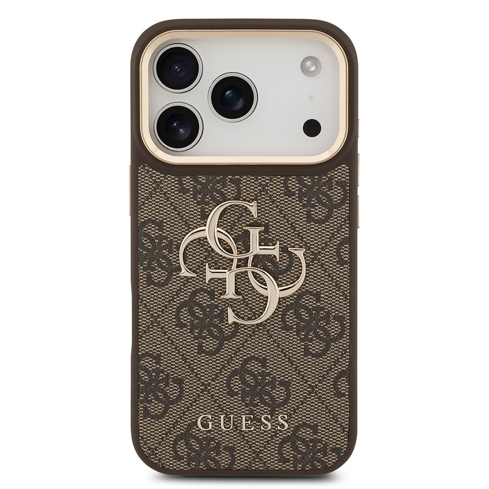 Apple iPhone 18 Pro Kılıf Guess Orjinal Lisanslı Gold Metal Kamera Çerçeveli 4G Desenli Metal Büyük 4G ve Yazı Logolu Kapak Pembe