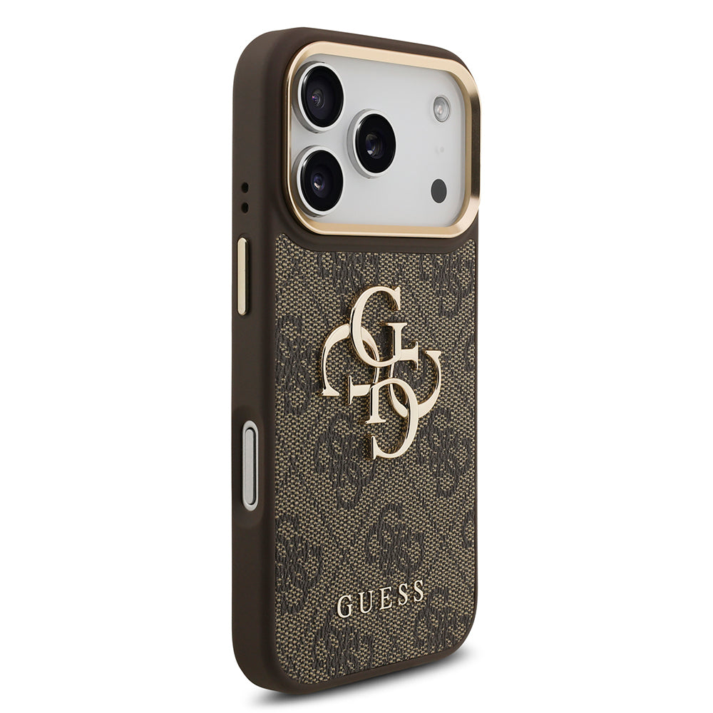 Apple iPhone 18 Pro Kılıf Guess Orjinal Lisanslı Gold Metal Kamera Çerçeveli 4G Desenli Metal Büyük 4G ve Yazı Logolu Kapak Siyah