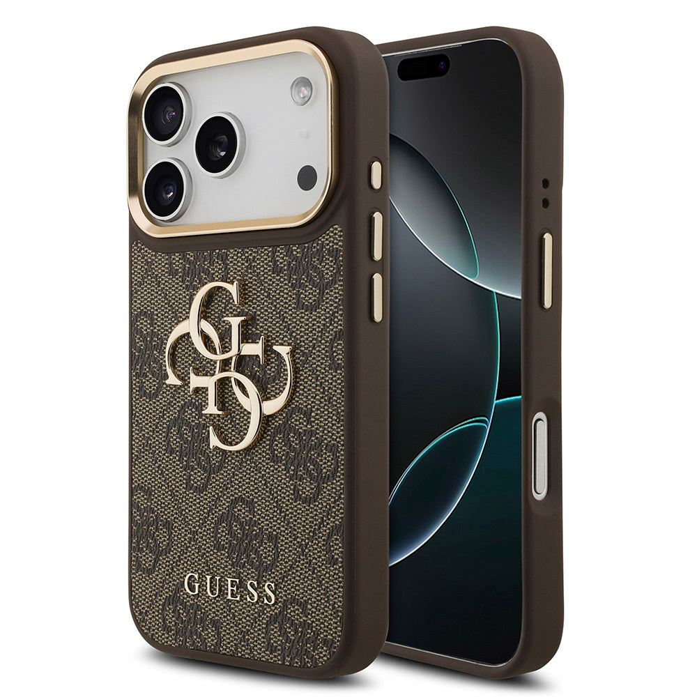 Apple iPhone 18 Pro Kılıf Guess Orjinal Lisanslı Gold Metal Kamera Çerçeveli 4G Desenli Metal Büyük 4G ve Yazı Logolu Kapak Kahverengi
