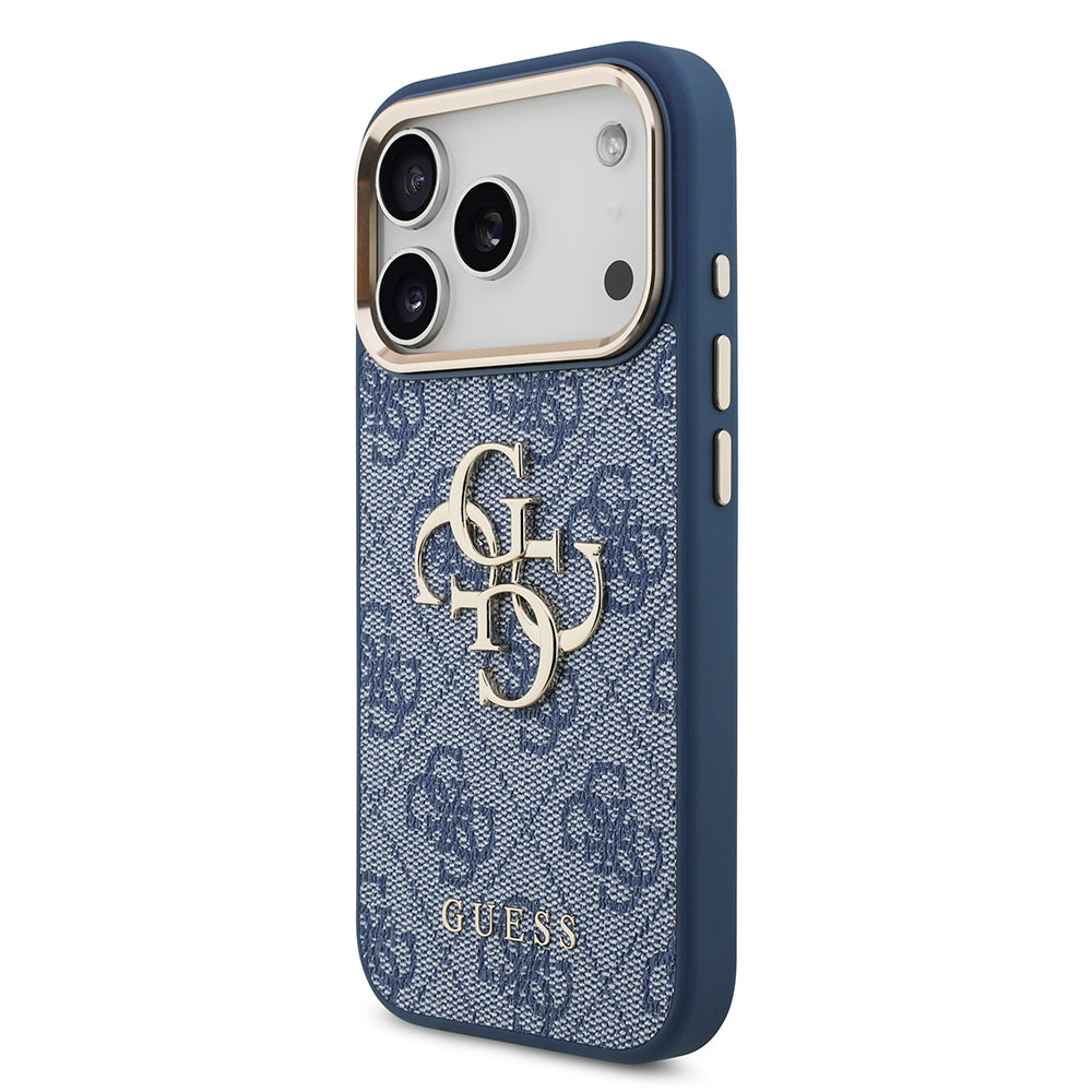 Apple iPhone 18 Pro Kılıf Guess Orjinal Lisanslı Gold Metal Kamera Çerçeveli 4G Desenli Metal Büyük 4G ve Yazı Logolu Kapak Mavi