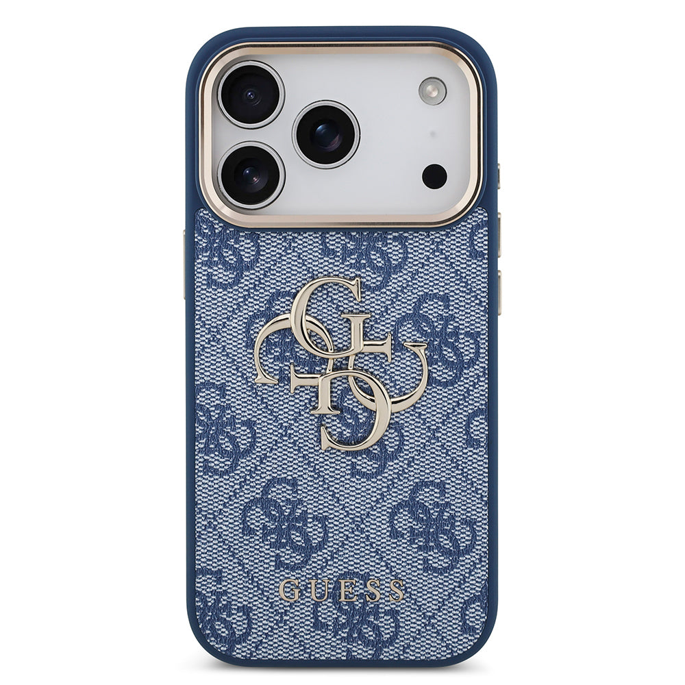 Apple iPhone 18 Pro Kılıf Guess Orjinal Lisanslı Gold Metal Kamera Çerçeveli 4G Desenli Metal Büyük 4G ve Yazı Logolu Kapak Mavi
