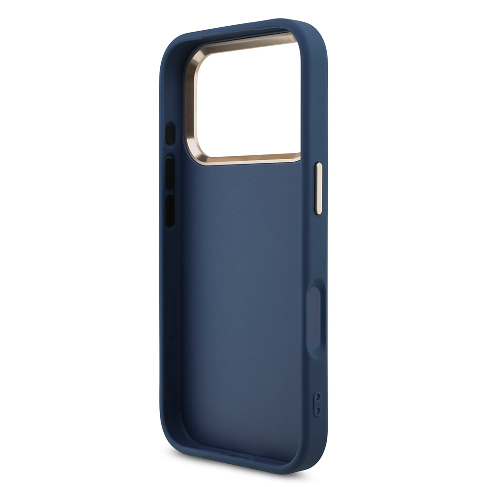 Apple iPhone 18 Pro Kılıf Guess Orjinal Lisanslı Gold Metal Kamera Çerçeveli 4G Desenli Metal Büyük 4G ve Yazı Logolu Kapak Mavi