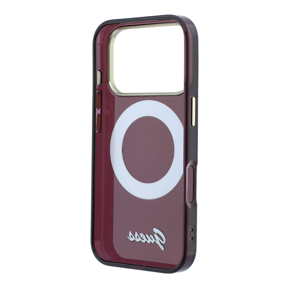 Apple iPhone 18 Pro Kılıf Guess Orjinal Lisanslı M-safe Şarj Özellikli 360 Derece Dönebilen Standlı Metal Yazı Logolu Silikon Kapak Bordo