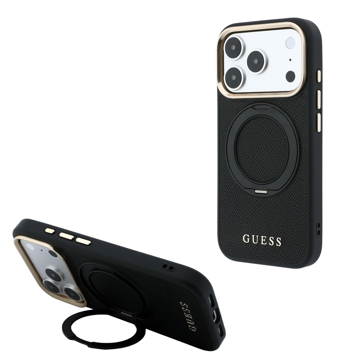Apple iPhone 18 Pro Kılıf Guess Orjinal Lisanslı M-safe Şarj Özellikli 360 Derece Dönebilen Standlı PU Metal Yazı Logolu Kapak Siyah
