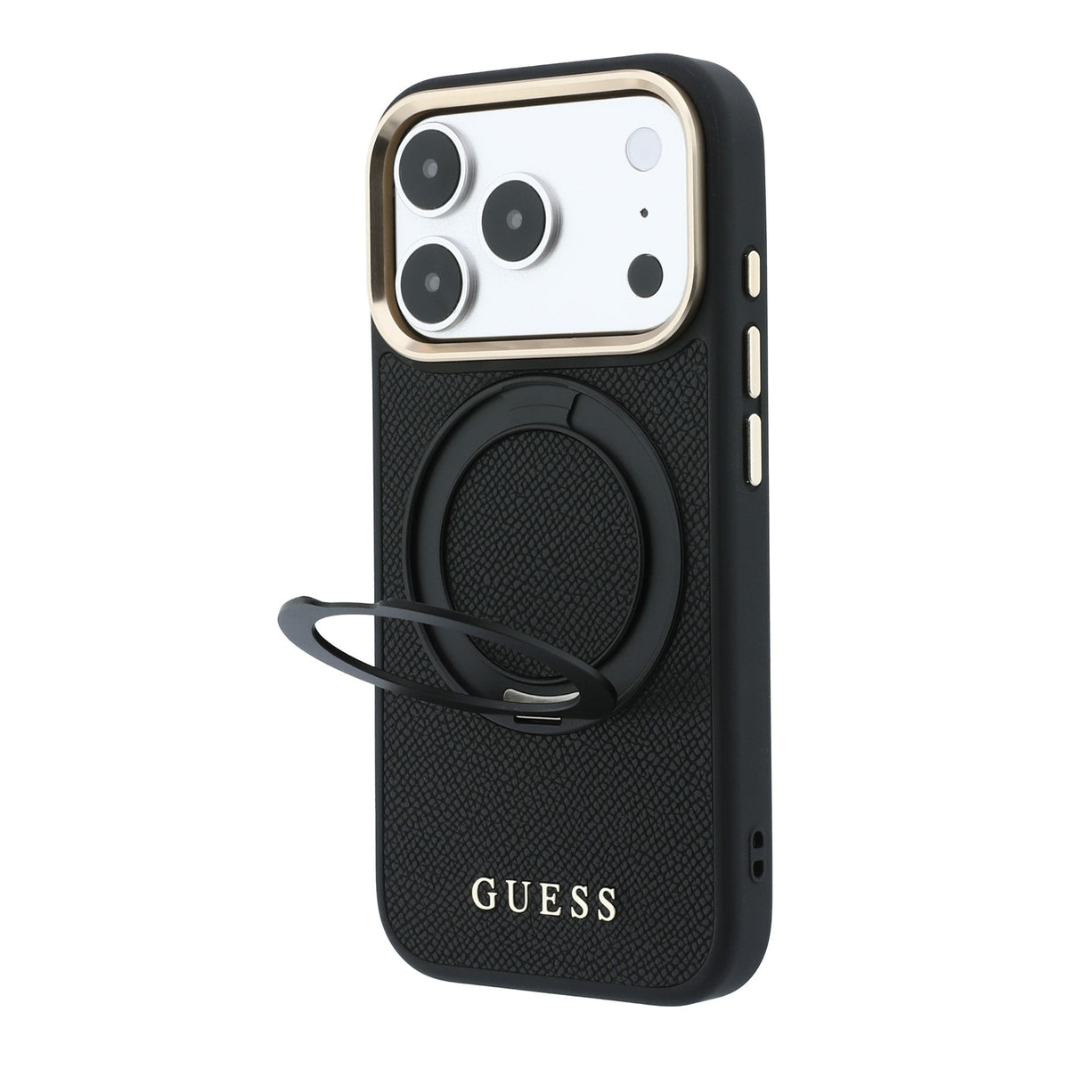 Apple iPhone 18 Pro Kılıf Guess Orjinal Lisanslı M-safe Şarj Özellikli 360 Derece Dönebilen Standlı PU Metal Yazı Logolu Kapak Siyah