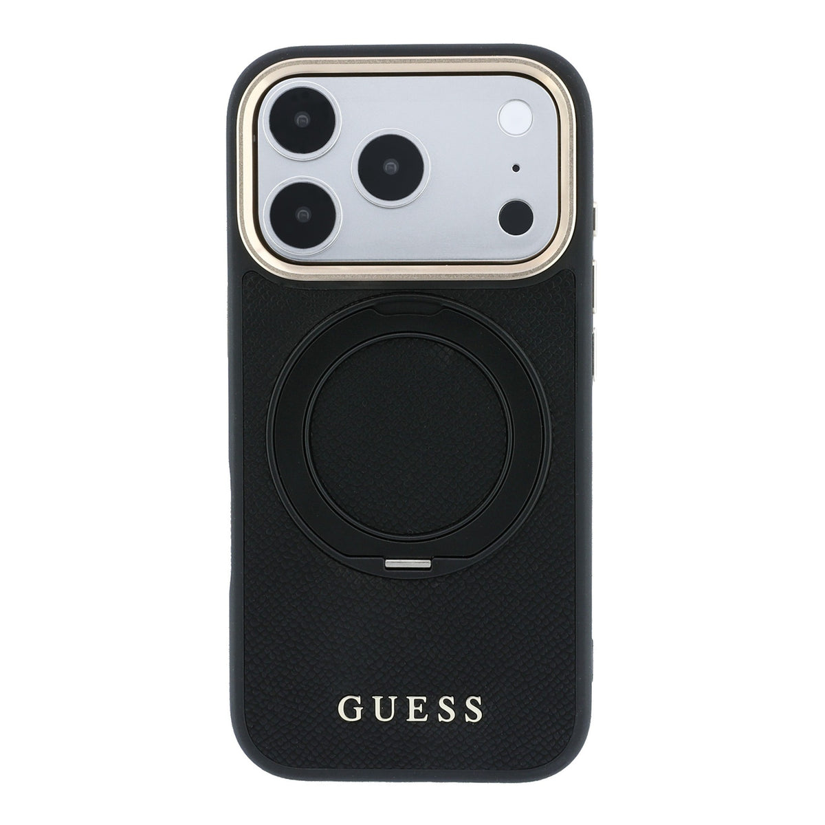 Apple iPhone 18 Pro Kılıf Guess Orjinal Lisanslı M-safe Şarj Özellikli 360 Derece Dönebilen Standlı PU Metal Yazı Logolu Kapak Siyah