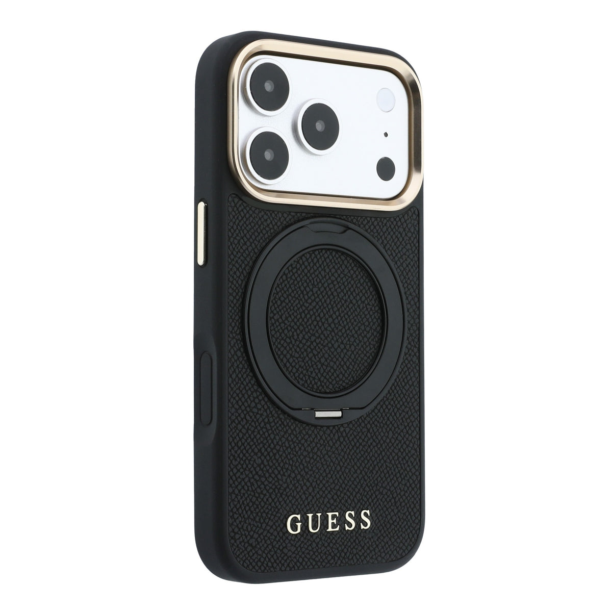Apple iPhone 18 Pro Kılıf Guess Orjinal Lisanslı M-safe Şarj Özellikli 360 Derece Dönebilen Standlı PU Metal Yazı Logolu Kapak Siyah