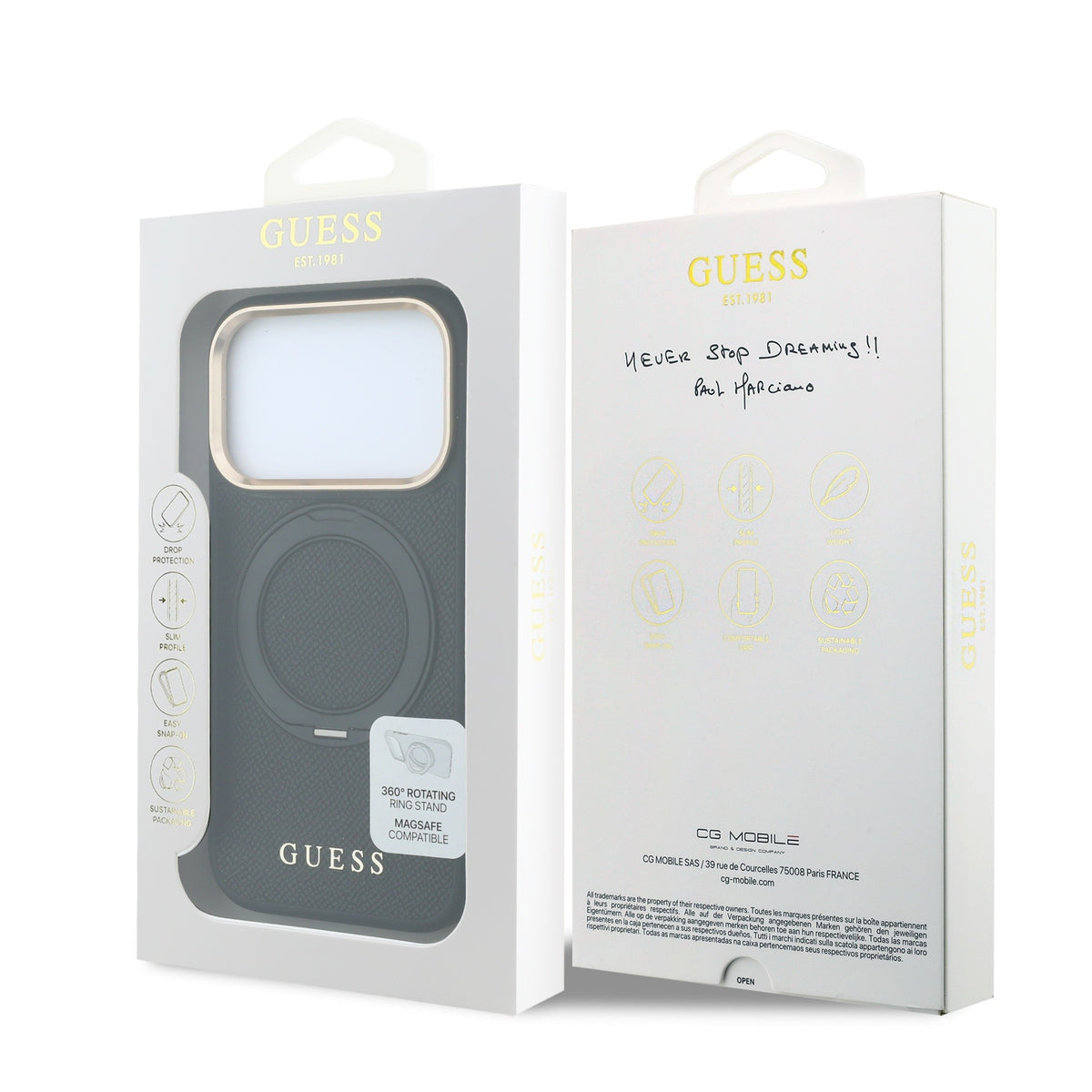 Apple iPhone 18 Pro Kılıf Guess Orjinal Lisanslı M-safe Şarj Özellikli 360 Derece Dönebilen Standlı PU Metal Yazı Logolu Kapak Siyah