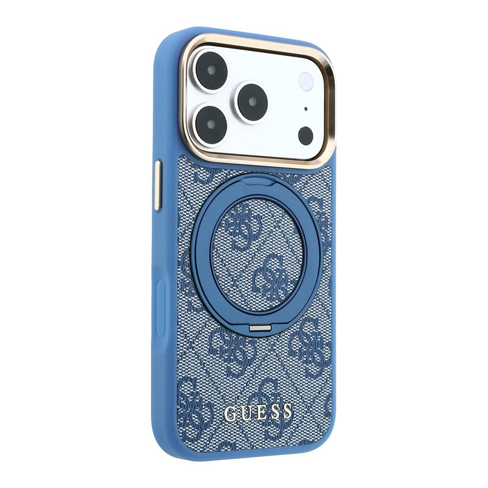 Apple iPhone 18 Pro Kılıf Guess Orjinal Lisanslı M-safe Şarj Özellikli 4G Desenli 360 Derece Dönebilen Standlı Metal Yazı Logolu Kapak Mavi