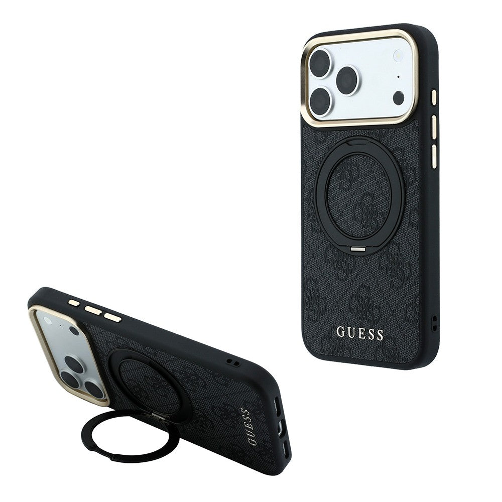 Apple iPhone 18 Pro Kılıf Guess Orjinal Lisanslı M-safe Şarj Özellikli 4G Desenli 360 Derece Dönebilen Standlı Metal Yazı Logolu Kapak Siyah