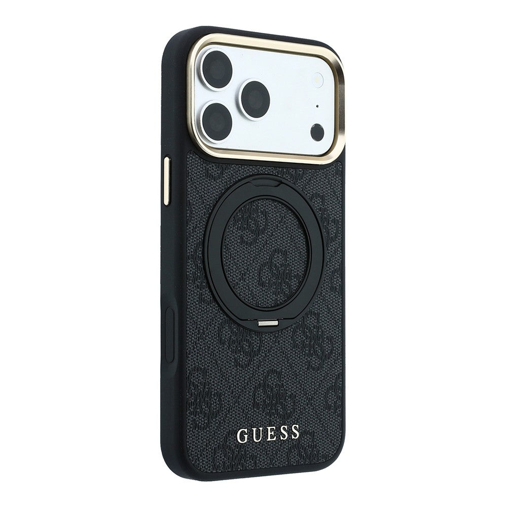 Apple iPhone 18 Pro Kılıf Guess Orjinal Lisanslı M-safe Şarj Özellikli 4G Desenli 360 Derece Dönebilen Standlı Metal Yazı Logolu Kapak Siyah