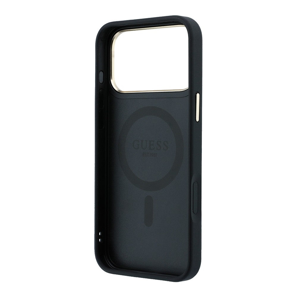 Apple iPhone 18 Pro Kılıf Guess Orjinal Lisanslı M-safe Şarj Özellikli 4G Desenli 360 Derece Dönebilen Standlı Metal Yazı Logolu Kapak Siyah