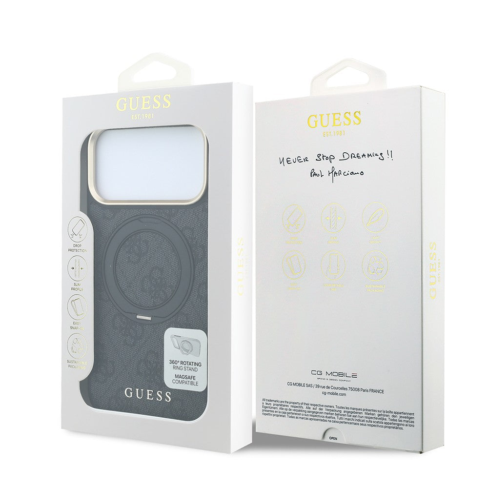 Apple iPhone 18 Pro Kılıf Guess Orjinal Lisanslı M-safe Şarj Özellikli 4G Desenli 360 Derece Dönebilen Standlı Metal Yazı Logolu Kapak Siyah