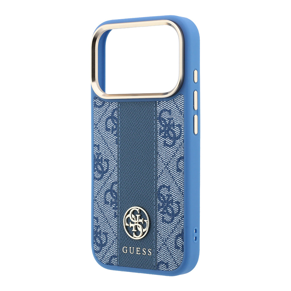 Apple iPhone 18 Pro Kılıf Guess Orjinal Lisanslı M-safe Şarj Özellikli Deri 4G Desenli Şeritli Yazı Logolu Kapak Mavi
