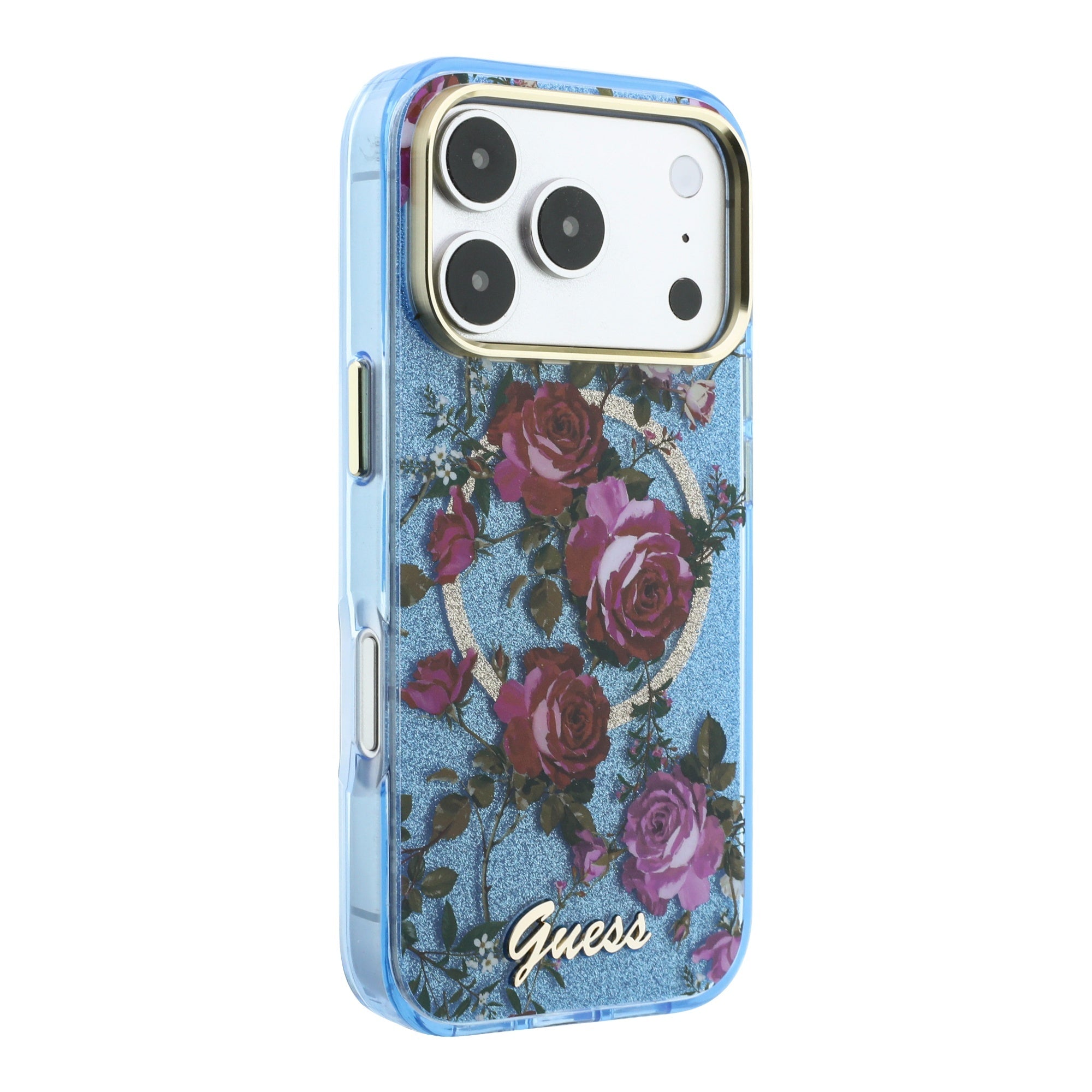 Apple iPhone 18 Pro Kılıf Guess Orjinal Lisanslı M-safe Şarj Özellikli Gül Desenli Simli Yazı Logolu Kapak Açık Mavi