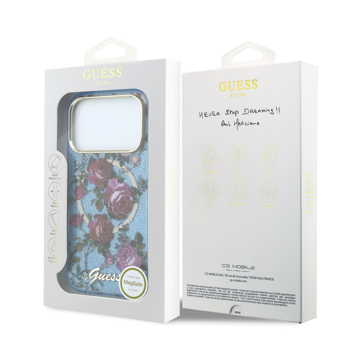 Apple iPhone 18 Pro Kılıf Guess Orjinal Lisanslı M-safe Şarj Özellikli Gül Desenli Simli Yazı Logolu Kapak Açık Mavi