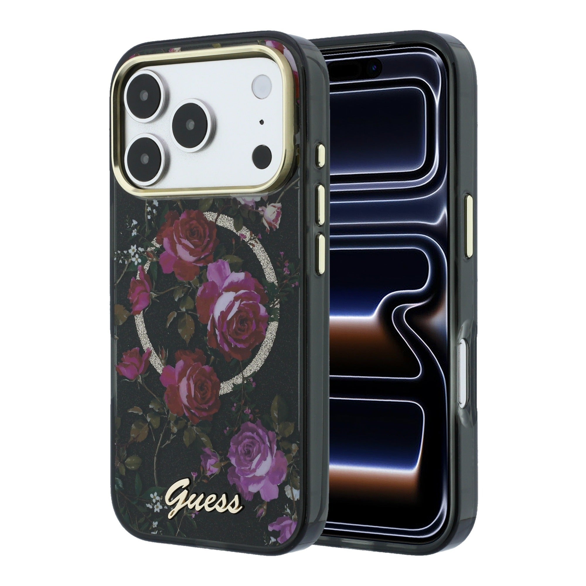 Apple iPhone 18 Pro Kılıf Guess Orjinal Lisanslı M-safe Şarj Özellikli Gül Desenli Simli Yazı Logolu Kapak Siyah