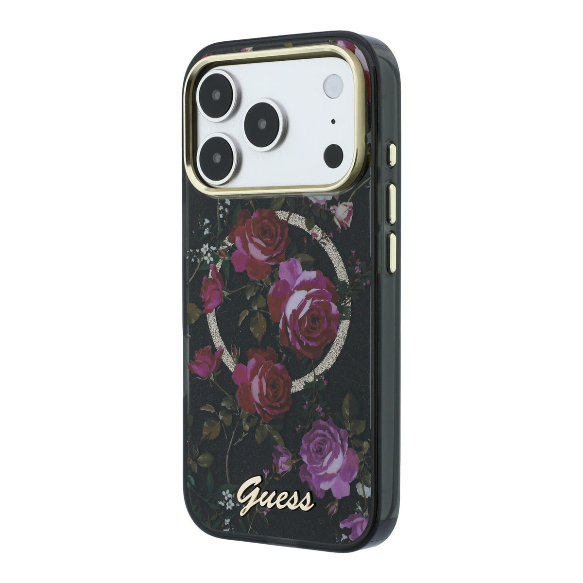 Apple iPhone 18 Pro Kılıf Guess Orjinal Lisanslı M-safe Şarj Özellikli Gül Desenli Simli Yazı Logolu Kapak Siyah