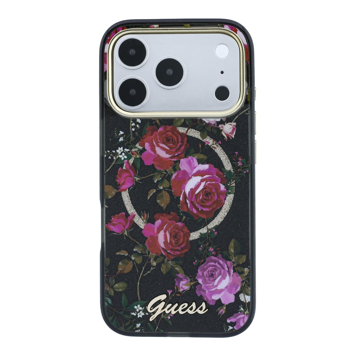 Apple iPhone 18 Pro Kılıf Guess Orjinal Lisanslı M-safe Şarj Özellikli Gül Desenli Simli Yazı Logolu Kapak Siyah