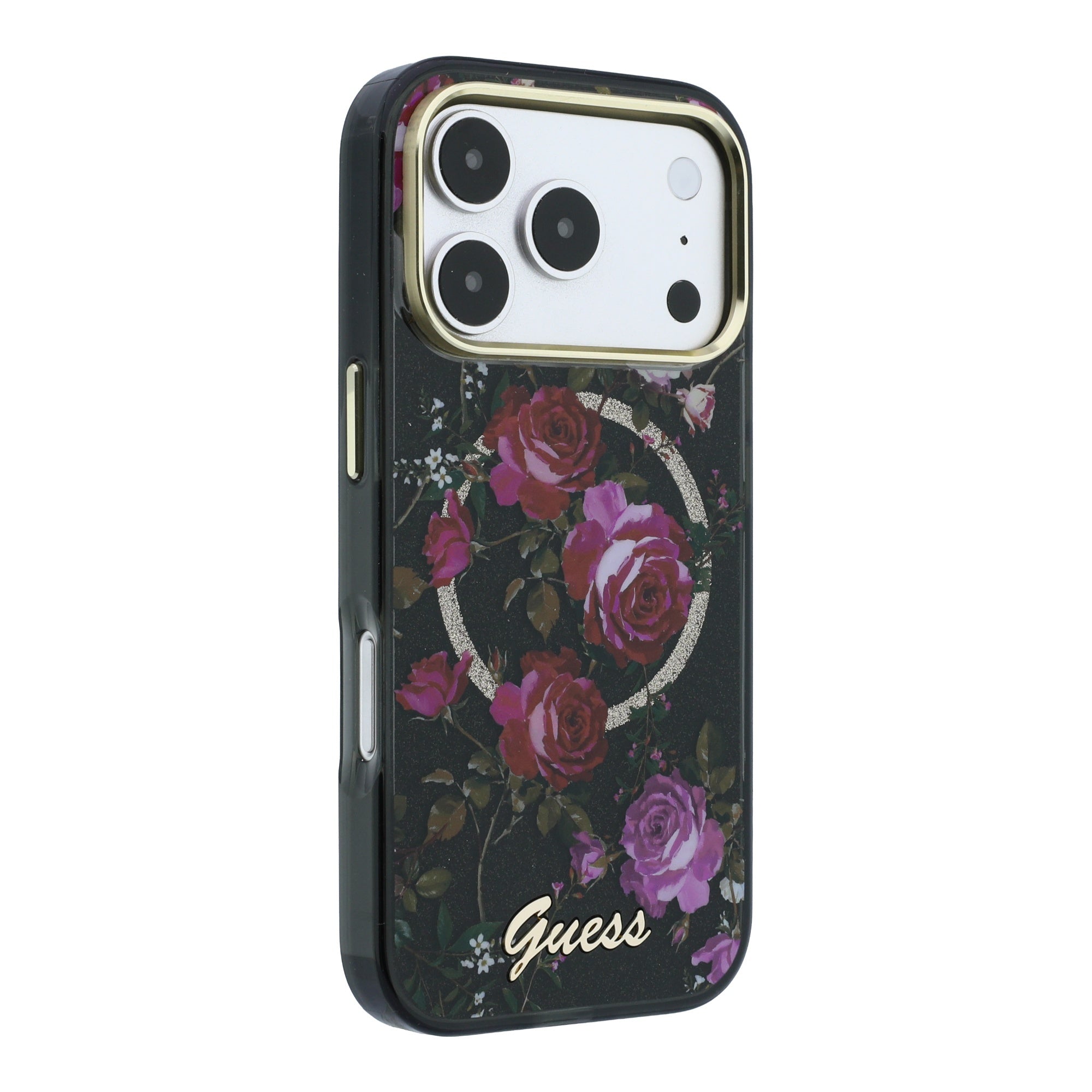 Apple iPhone 18 Pro Kılıf Guess Orjinal Lisanslı M-safe Şarj Özellikli Gül Desenli Simli Yazı Logolu Kapak Siyah