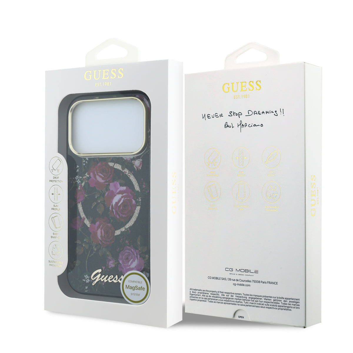Apple iPhone 18 Pro Kılıf Guess Orjinal Lisanslı M-safe Şarj Özellikli Gül Desenli Simli Yazı Logolu Kapak Siyah