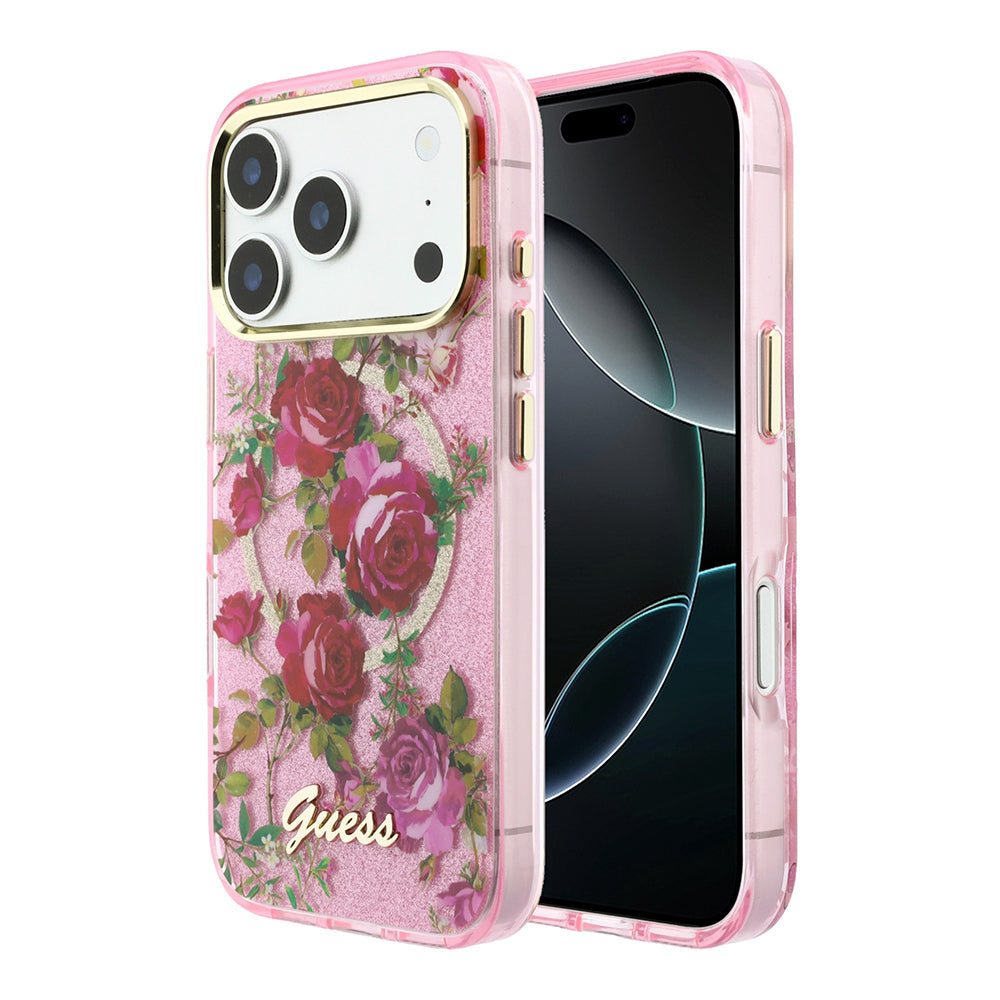 Apple iPhone 18 Pro Kılıf Guess Orjinal Lisanslı M-safe Şarj Özellikli Gül Desenli Simli Yazı Logolu Kapak Pembe