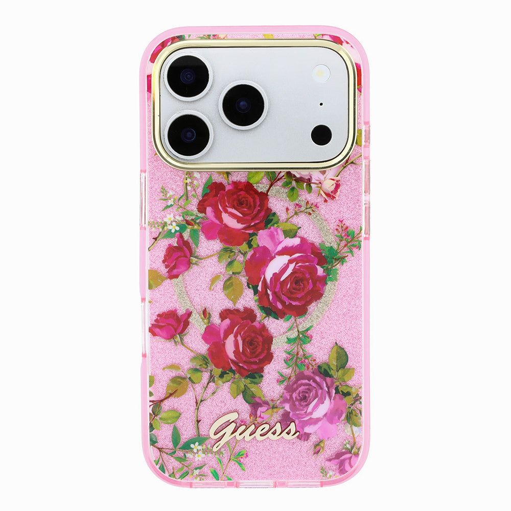 Apple iPhone 18 Pro Kılıf Guess Orjinal Lisanslı M-safe Şarj Özellikli Gül Desenli Simli Yazı Logolu Kapak Pembe