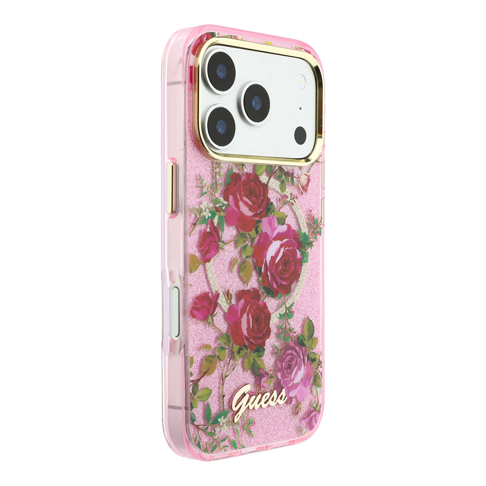 Apple iPhone 18 Pro Kılıf Guess Orjinal Lisanslı M-safe Şarj Özellikli Gül Desenli Simli Yazı Logolu Kapak Pembe