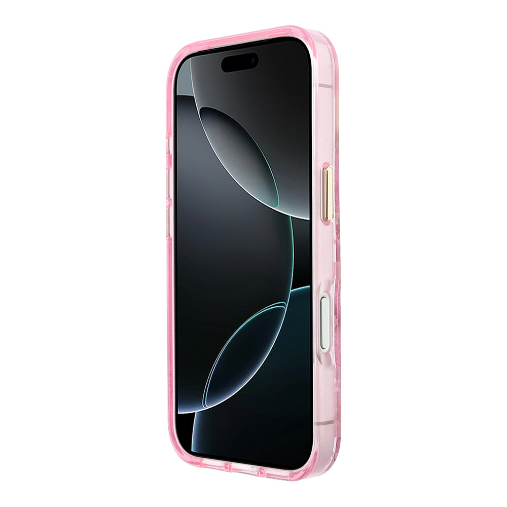 Apple iPhone 18 Pro Kılıf Guess Orjinal Lisanslı M-safe Şarj Özellikli Gül Desenli Simli Yazı Logolu Kapak Pembe