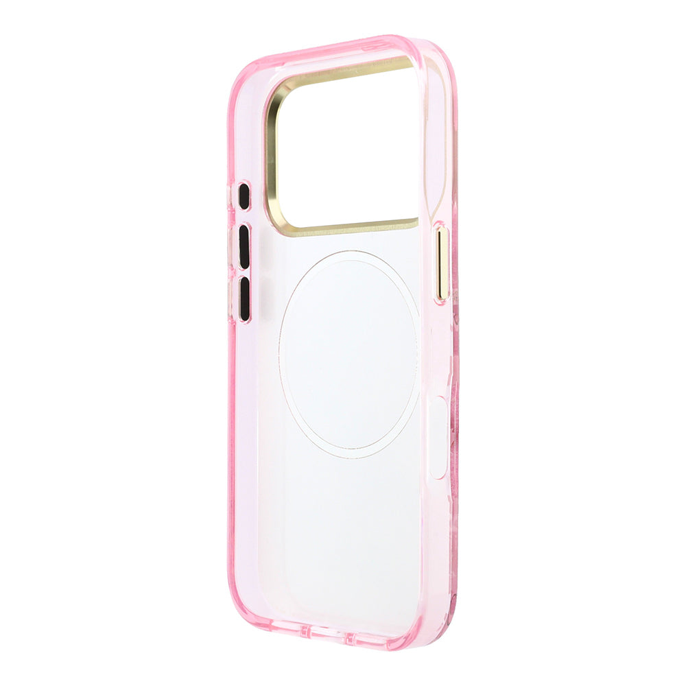 Apple iPhone 18 Pro Kılıf Guess Orjinal Lisanslı M-safe Şarj Özellikli Gül Desenli Simli Yazı Logolu Kapak Pembe