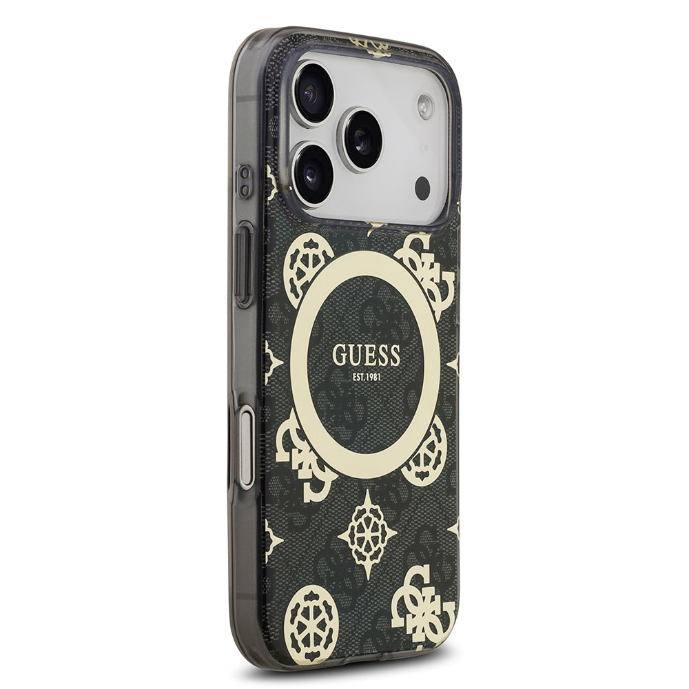 Apple iPhone 18 Pro Kılıf Guess Orjinal Lisanslı M-safe Şarj Özellikli IML Peony ve 4G Desenli Klasik Logolu Kapak Siyah