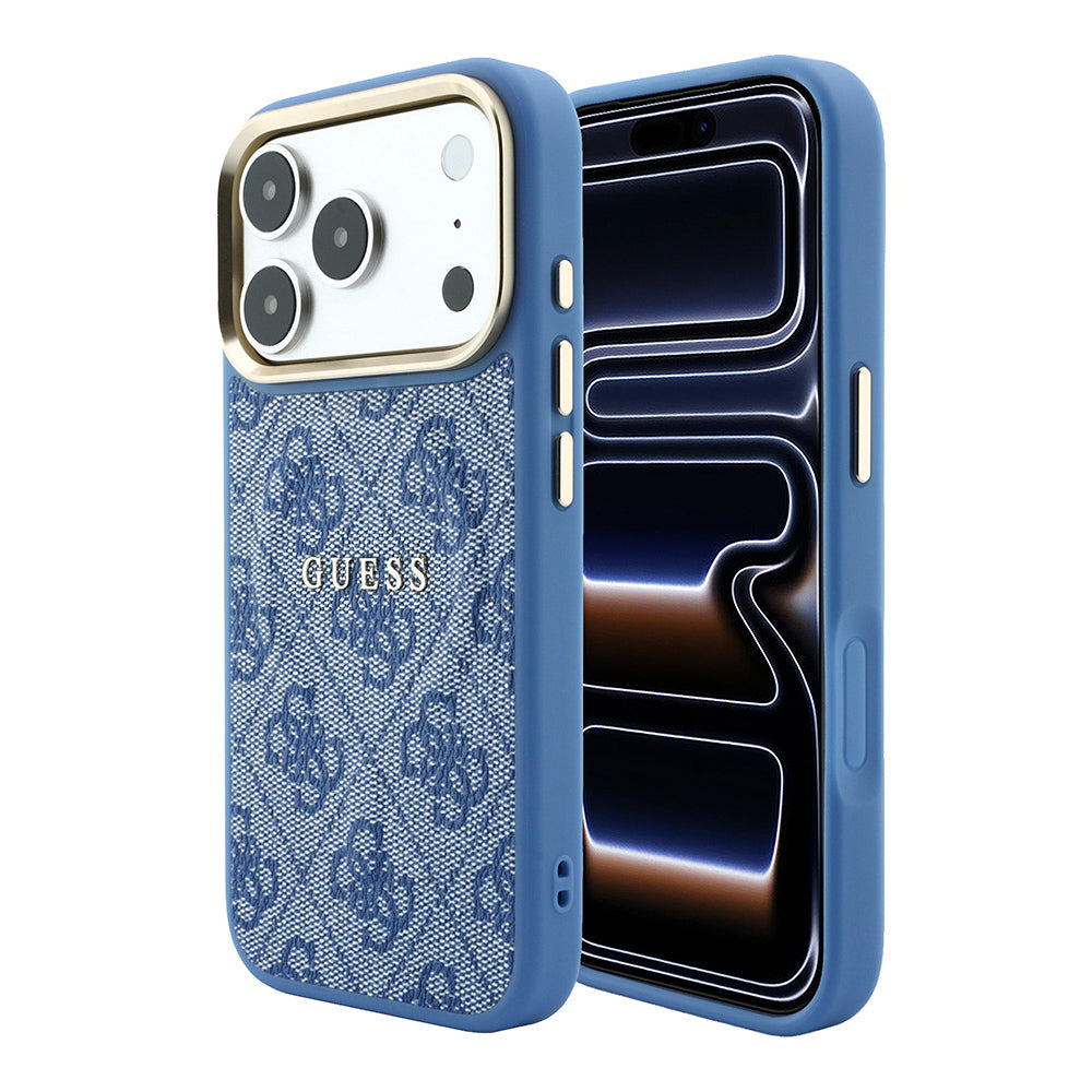 Apple iPhone 18 Pro Kılıf Guess Orjinal Lisanslı M-safe Şarj Özellikli Metal Kamera Çerçeveli C-Magnet 4G Desenli Yazı Logolu Kapak Mavi